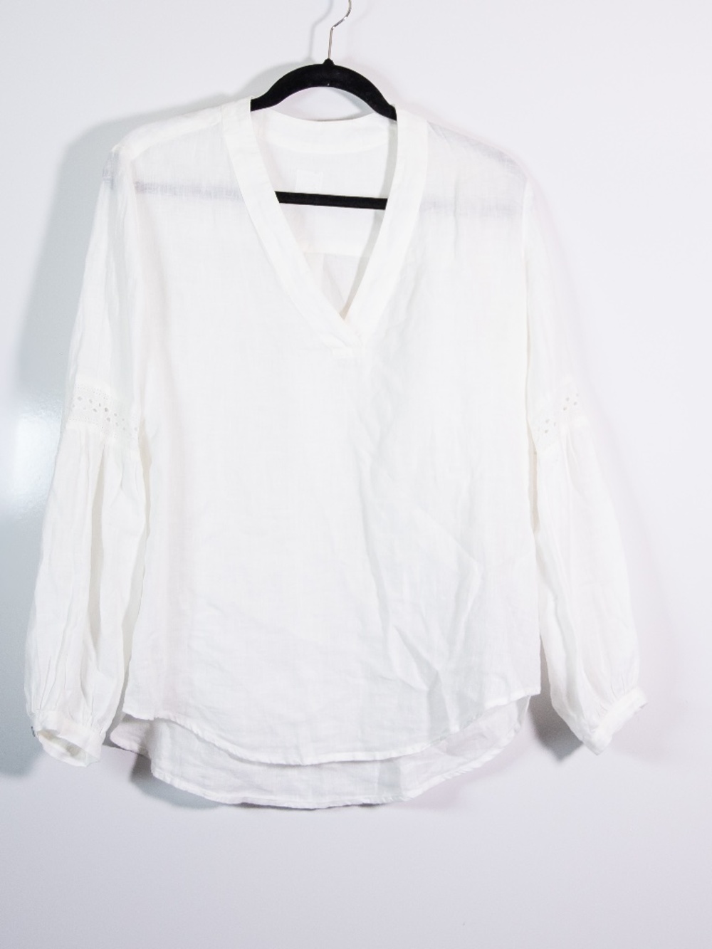 120% Lino Lightweight Linen V Neck Eyelet Long Sleeve Blouse Shirt Top White M